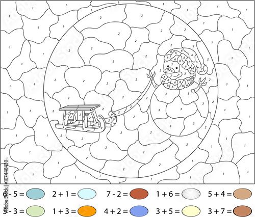 Funny cartoon snowman with sledge. Color by number educational g