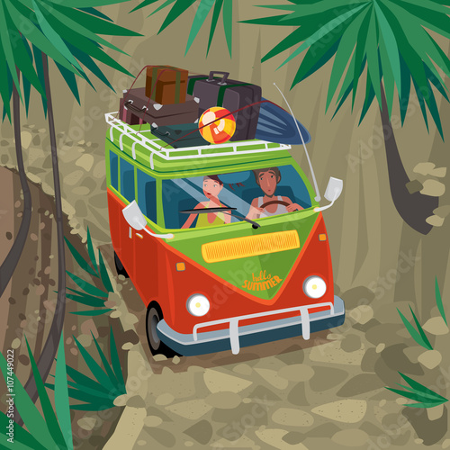 Couple riding in a funny van on a mountain road between the rock and the precipice. Suitcases and surfboard on the roof of the car - Vacation or travel concept