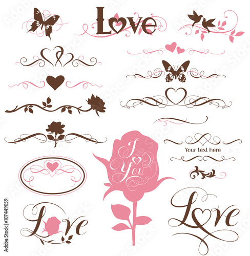Set of calligraphic hearts, roses and other decorative elements