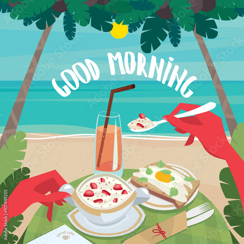 Tanned man eating muesli with strawberries and fried egg with bread on the beach. First-person view - English breakfast or lunch concept
