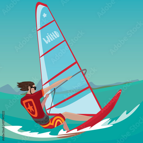 Sports man rushes standing on the board and holding the sail with two hands - Extreme sport or windsurfing concept photo