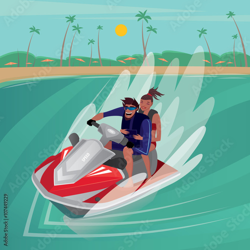 Happy man riding with cute girl on red water scooter near the beach - Sport or recreation concept