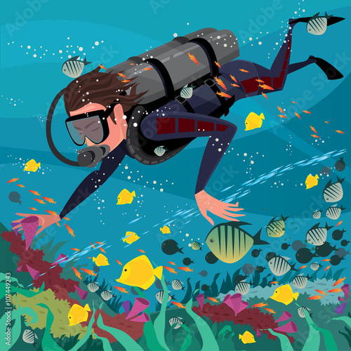 Man diver in wetsuit and with scuba exploring coral reef - Underwater world or scuba diving concept