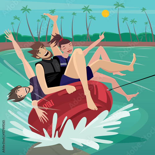 Friends laughing riding on tube at the sea - Recreation or water tubing concept
