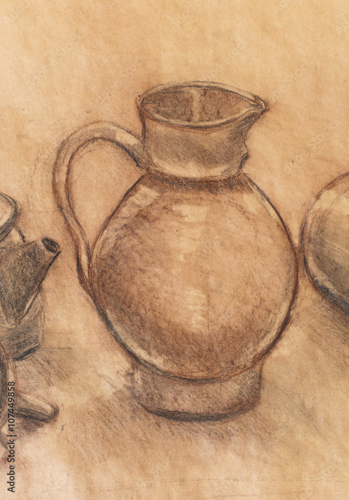 Obraz premium Drawing pitcher and wine carafe on paper. Original hand draw and color effect.