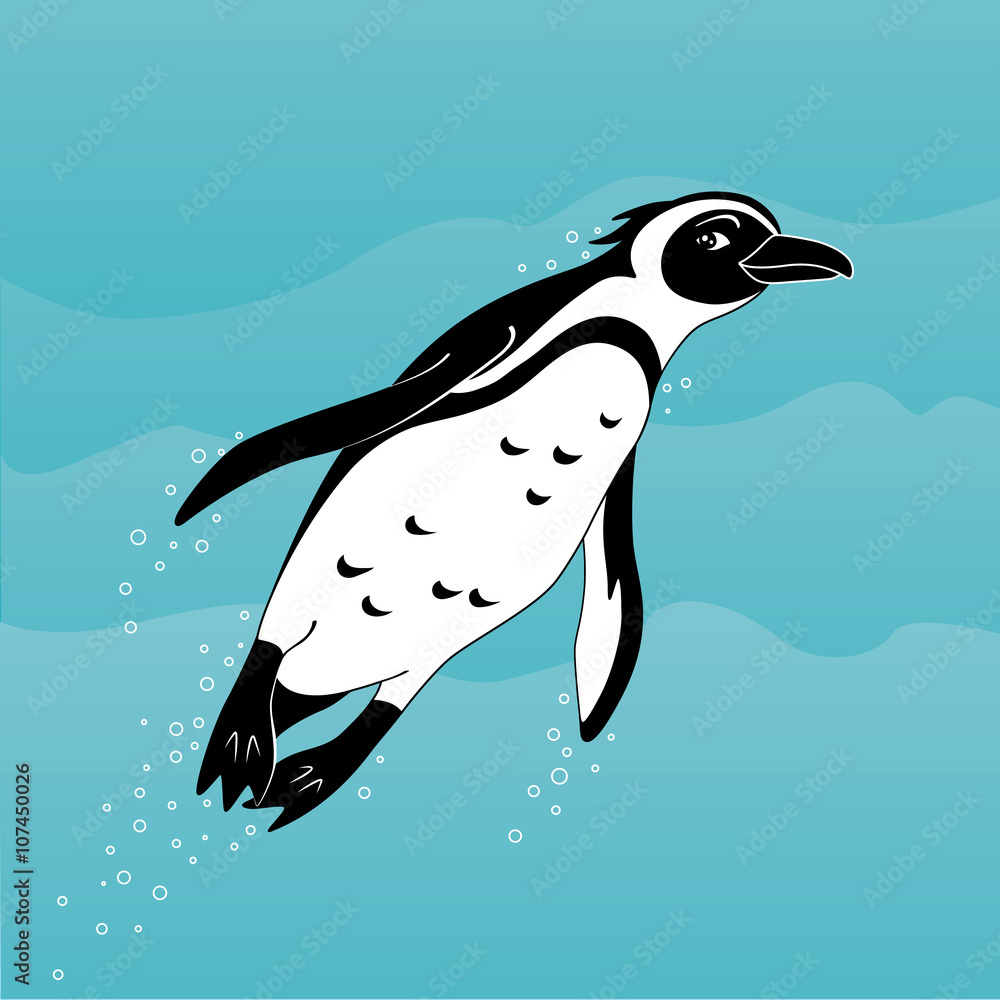 Fototapeta premium Cute cartoon african penguin swimming in the sea.