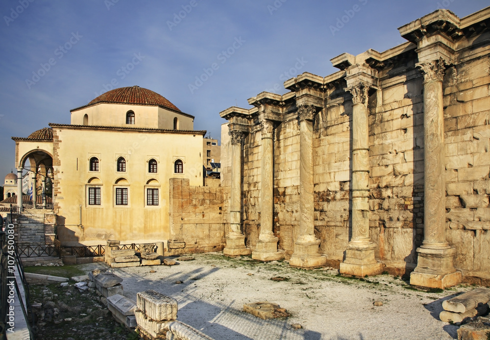 Tzistarakis Mosque and Library of Hadrian in Athens. Greece