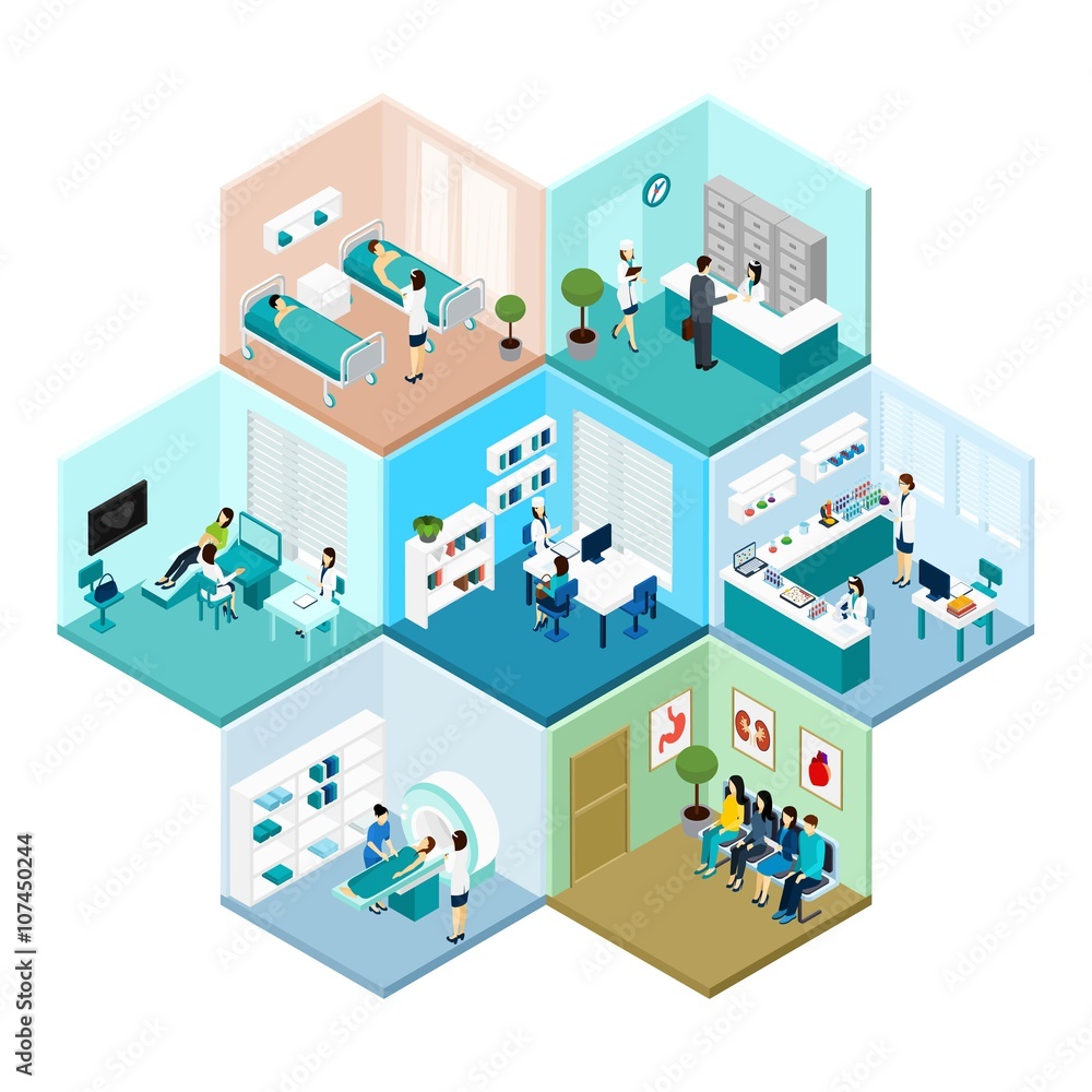 Hospital Hexagonal Tessellated Pattern Isometric Composition 