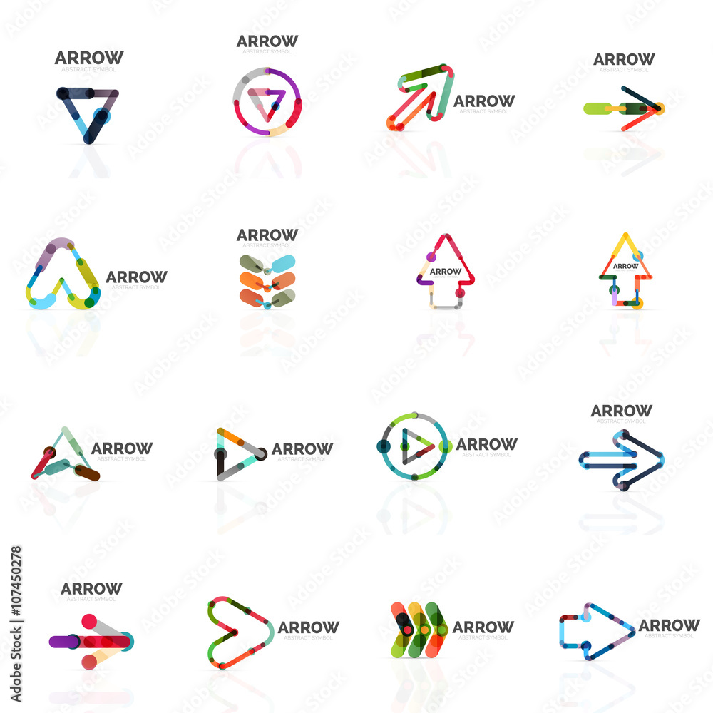 Set of linear arrow abstract logos, connected multicolored segments lines in directional pointer figures Set of linear arrow abstract logos, connected multicolored segments lines in directional pointer figures