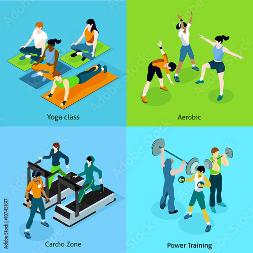 Fitness Aerobic Isometric Icons Set