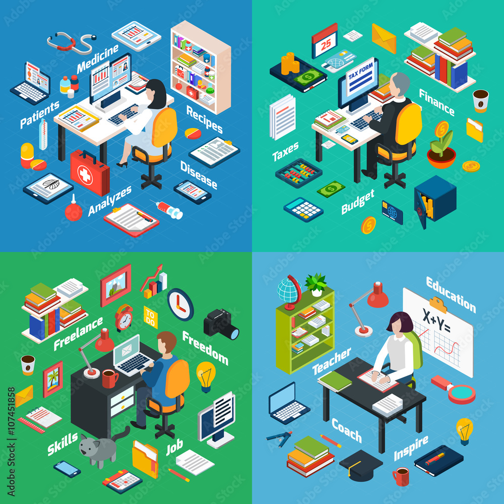 Professional Workplace Isometric 4 Icons Square Professional Workplace Isometric 4 Icons Square