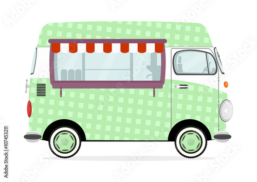 Funny cartoon street food truck on a white background. Flat vector.