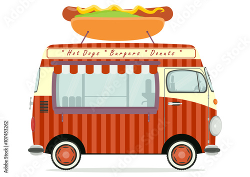 Funny cartoon street food truck on a white background. Flat vector.