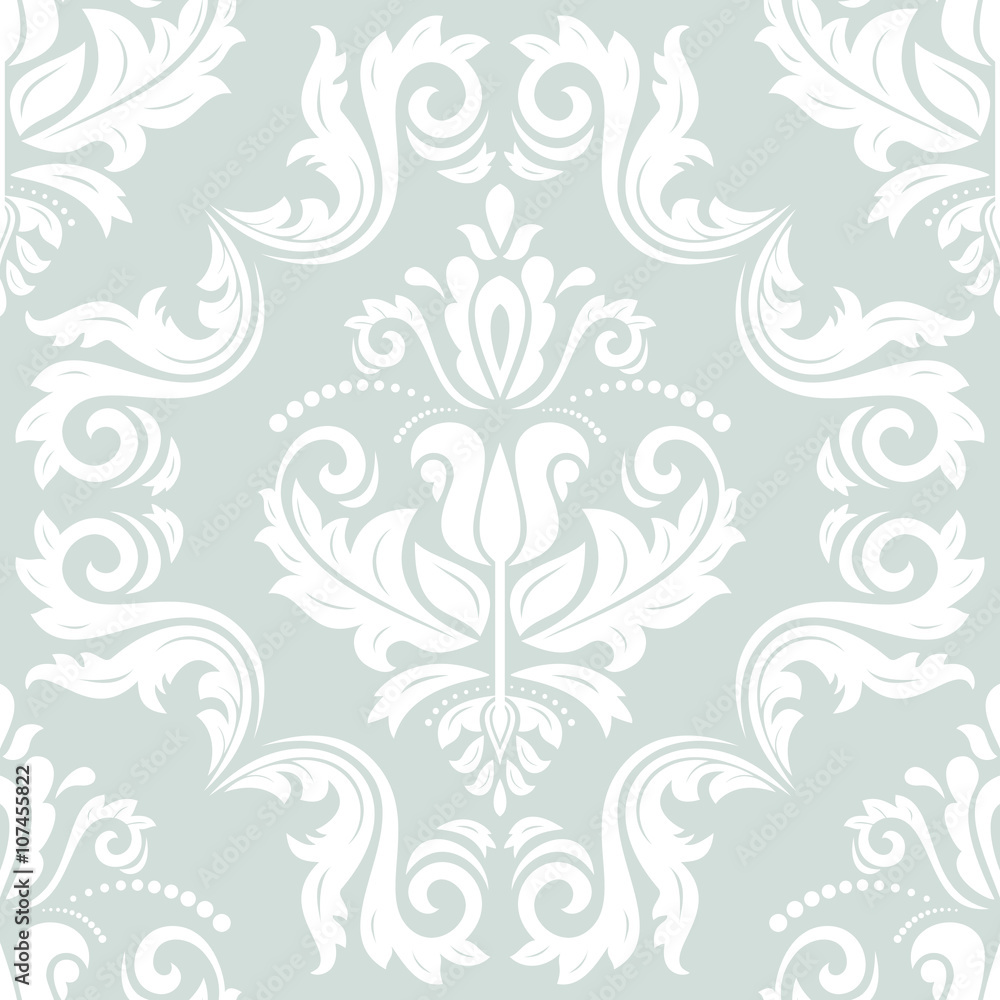 Seamless oriental ornament in the style of baroque. Traditional classic vector light blue and white pattern
