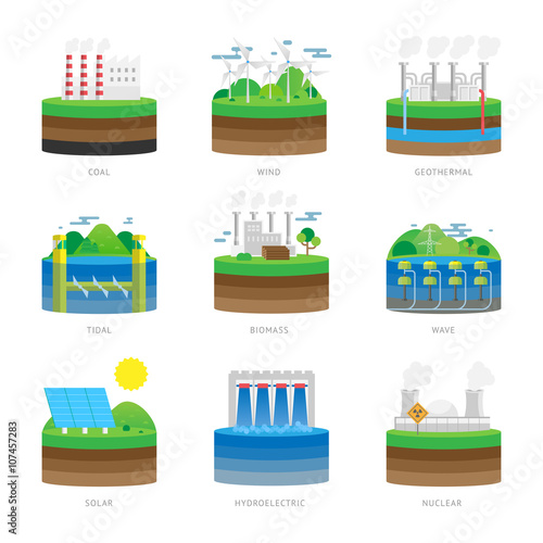 Alternative energy source electricity power resource eco set vector illustration. 