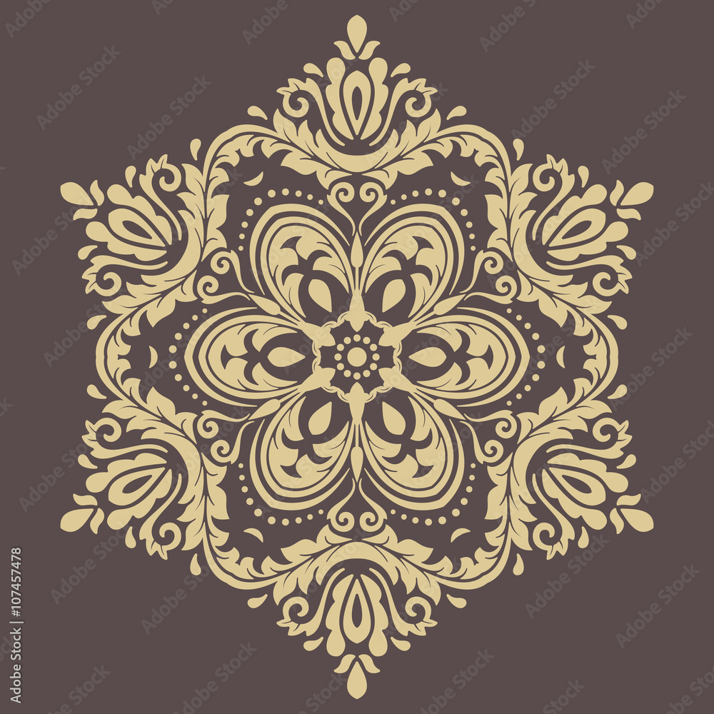 Oriental vector brown and golden pattern with arabesques and floral elements. Traditional classic ornament