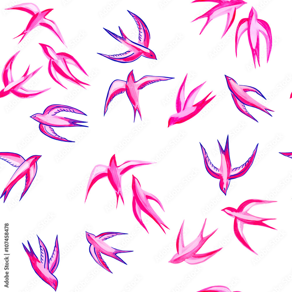 seamless cute hand drawn brushstroke swallow bird flying pattern, unusual stylized colorful background allover print seamless cute hand drawn brushstroke swallow bird flying pattern, unusual stylized colorful background allover print