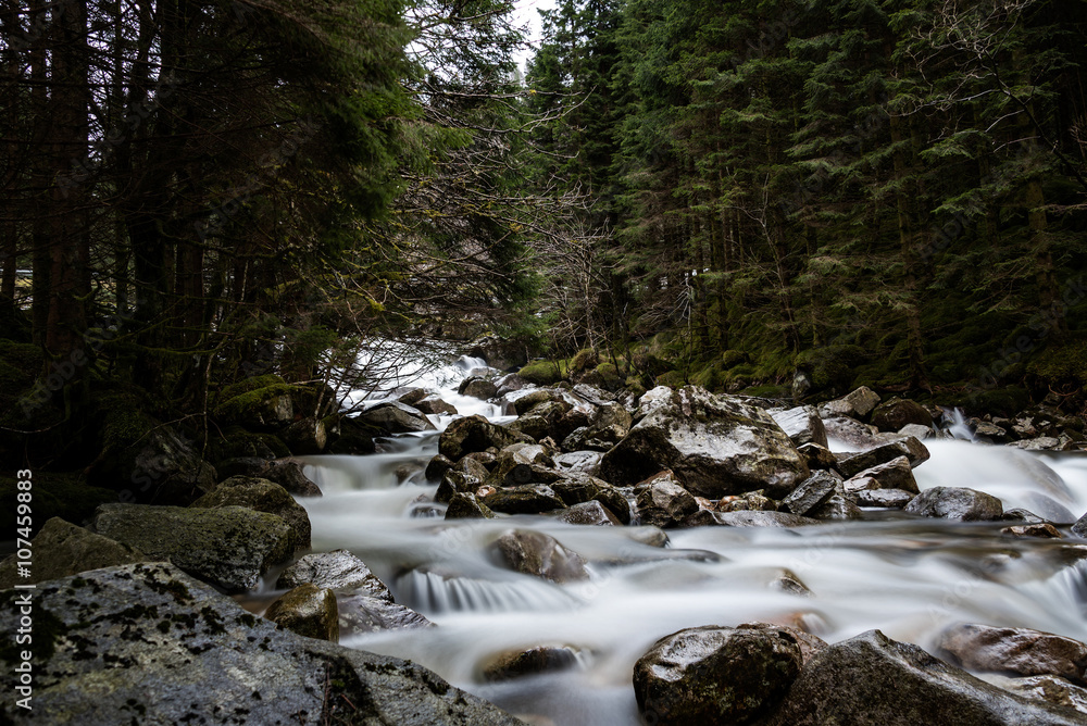 Small waterfall in a forest river with silky water around the rocks in the stream Small waterfall in a forest river with silky water around the rocks in the stream