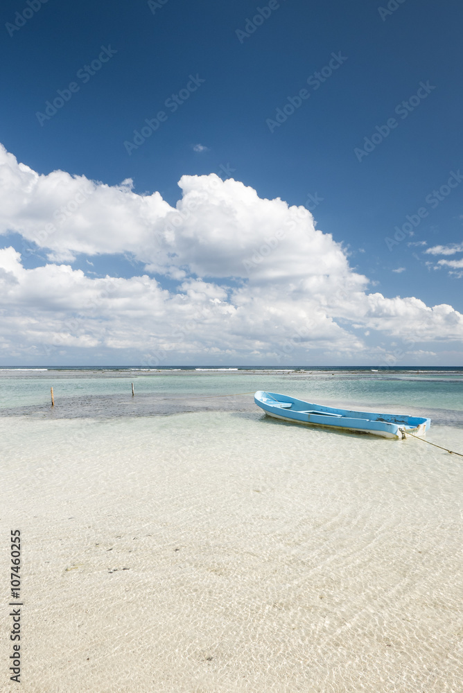 Obraz premium boat on a white tropical beach in the caribbean sea