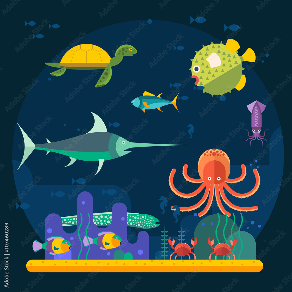Underwater background coral garden with glossy water surface colorful fish playing vector.