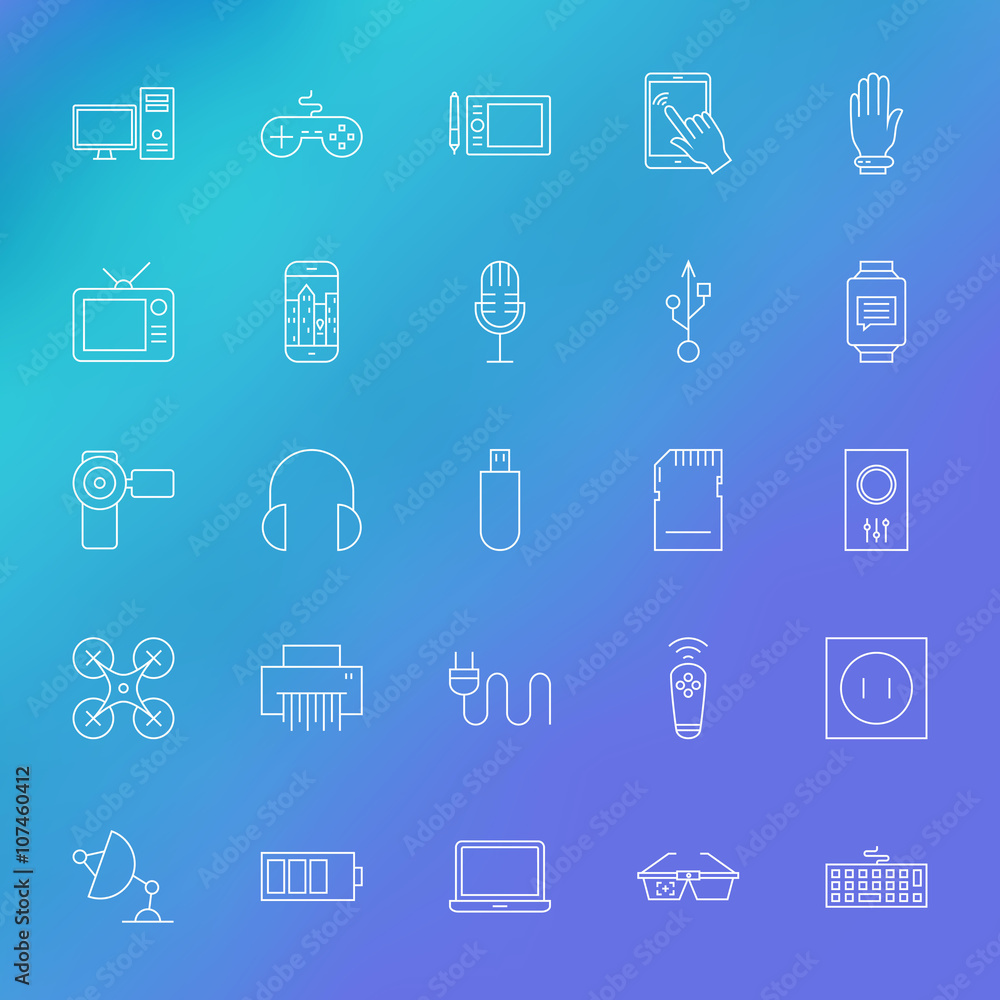 Electronic Gadgets Line Icons Set over Blurred Background Electronic Gadgets Line Icons Set over Blurred Background