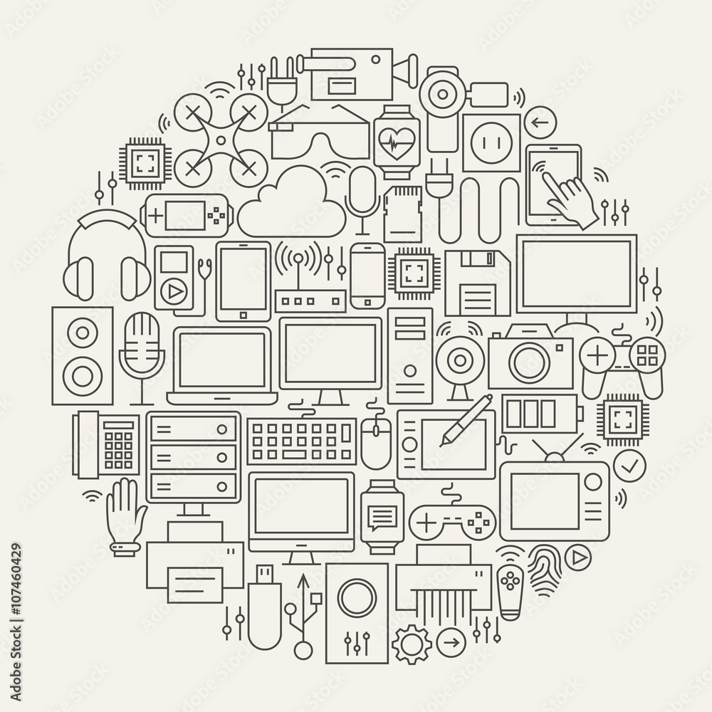 Gadgets and Devices Line Icons Set Circle Shape