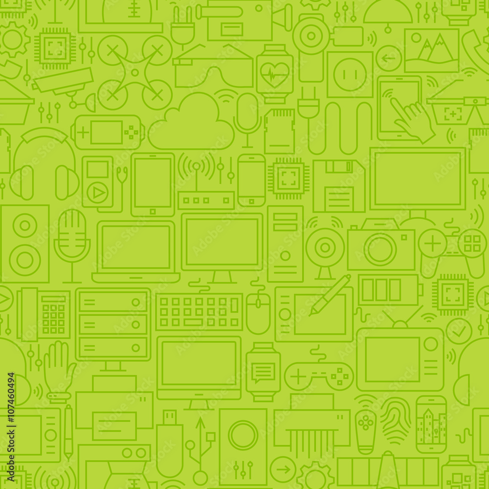 Thin Green Gadgets and Devices Line Seamless Pattern