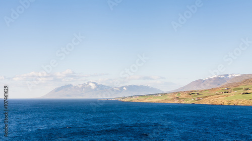 Eyjafjordur Landscape.  The view along the Northern Iceland fjord of Eyjafjordur in Northern Iceland towards the open sea.  The fjord is the longest in Iceland.