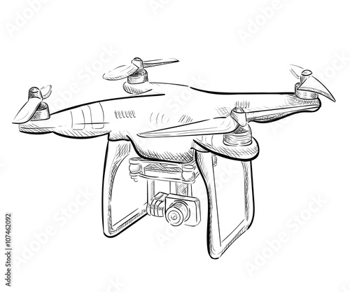 Hand draw vector illustration aerial vehicle quadrocopter. Air drone hovering. Drone sketch