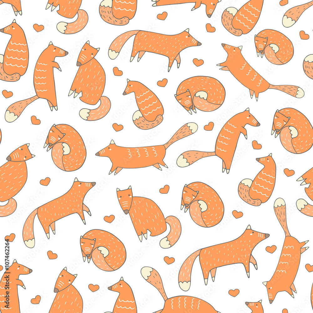 Cute hand drawn doodle fox seamless pattern 
