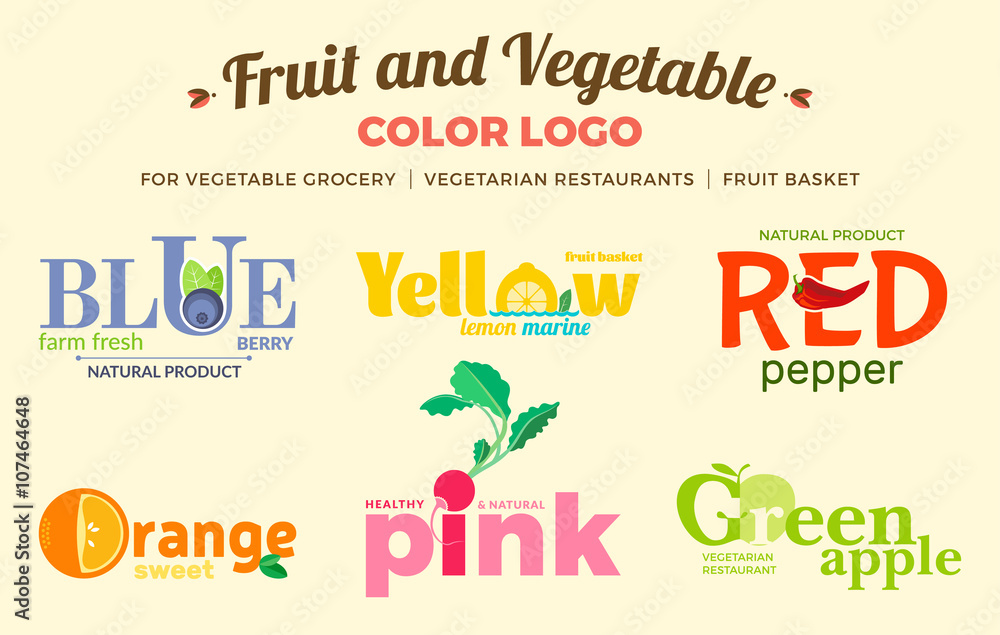 Fototapeta premium Set of colored logos on the theme of fruits and vegetables. For vegetable shops, vegetarian restaurants and cafes, delivery of fruit and vegetable farms. Vector Illustration.