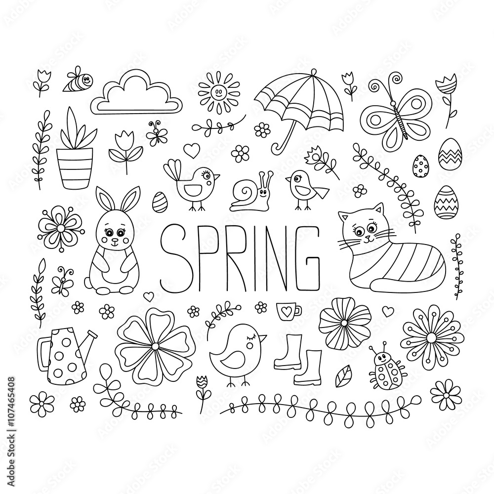 Spring doodle elements. Vector cute hand drawn spring elements - bunny, cat, flower, bird, chicken, sun, cloud, umbrella, butterfly, rubber boots, easter egg, watering can. Outline. Spring doodle elements. Vector cute hand drawn spring elements - bunny, cat, flower, bird, chicken, sun, cloud, umbrella, butterfly, rubber boots, easter egg, watering can. Outline.