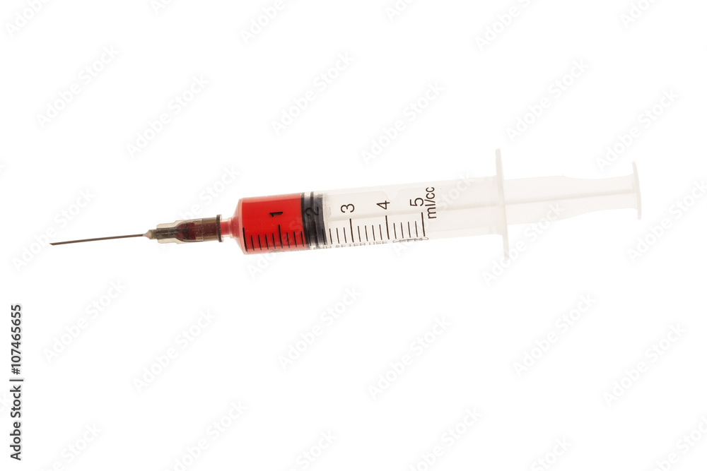 Fototapeta premium Syringe with blood isolated on white