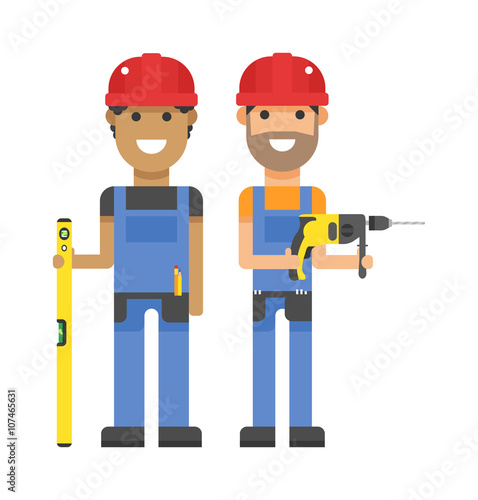 Set of professional engineering workers people building team in helmets builders flat vector illustration. 