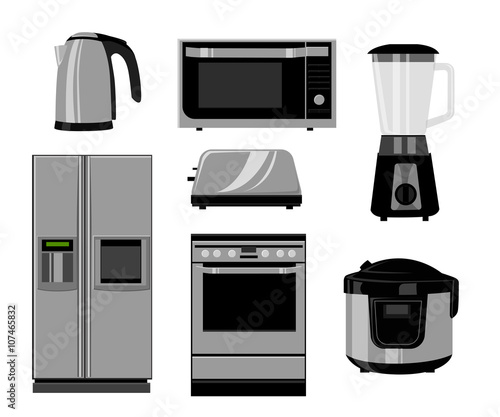 Set of household kitchen technics: Microwave and Oven, grinder. Vector drawing. Vector illustration in the flat style.