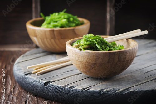 Traditional Japanese chuka salad on the wooden table