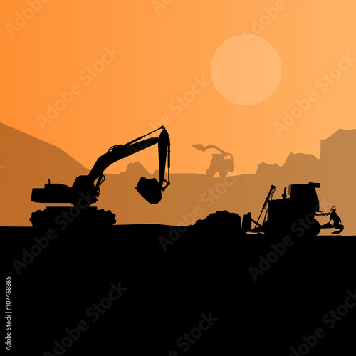 Construction machinery silhouette background. Black and orange set of ground works. Machines work in progress. Vehicle building equipment. Digger Bagger Excavator. Flatten isolated vector illustration