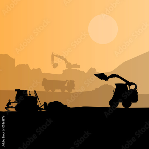 Construction machinery silhouette background. Black and orange set of ground works. Machines work in progress. Vehicle building equipment. Digger Bagger Excavator. Flatten isolated vector illustration
