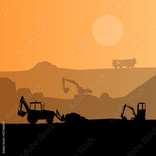 Construction machinery silhouette background. Black and orange set of ground works. Machines work in progress. Vehicle building equipment. Digger Bagger Excavator. Flatten isolated vector illustration