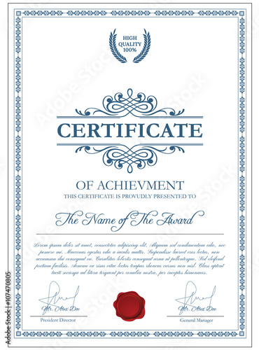 Certificate Template With Guilloche Elements Blue Diploma Border Design For Personal Conferment Vector Layout For Award Patent Validation Licence Education Authentication Achievement Etc Stock Vector Adobe Stock