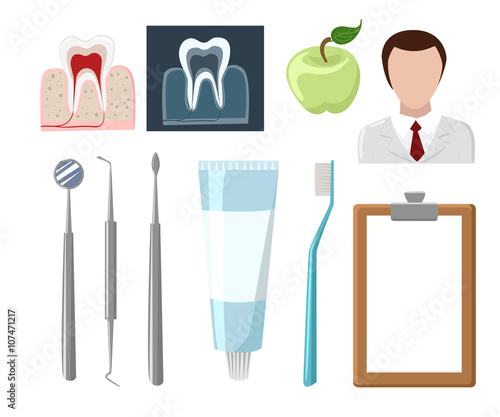 Dental care flat decorative icons set with stomatologist tools teeth care products isolated vector illustration caries clinic prosthetics tooth hygiene dentist tools Stomatologist.