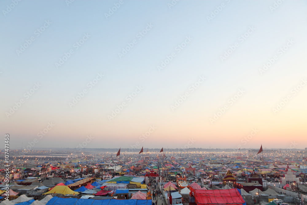 Aerial view of Maha Kumbh Mela festival camp, the world's largest religious gathering