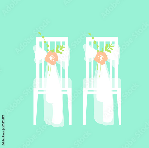 Wedding chairs decorated with ribbon and flowers. Vector illustration