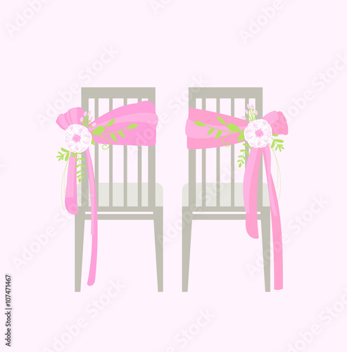 Wedding chairs decorated with ribbon and flowers. Vector illustration