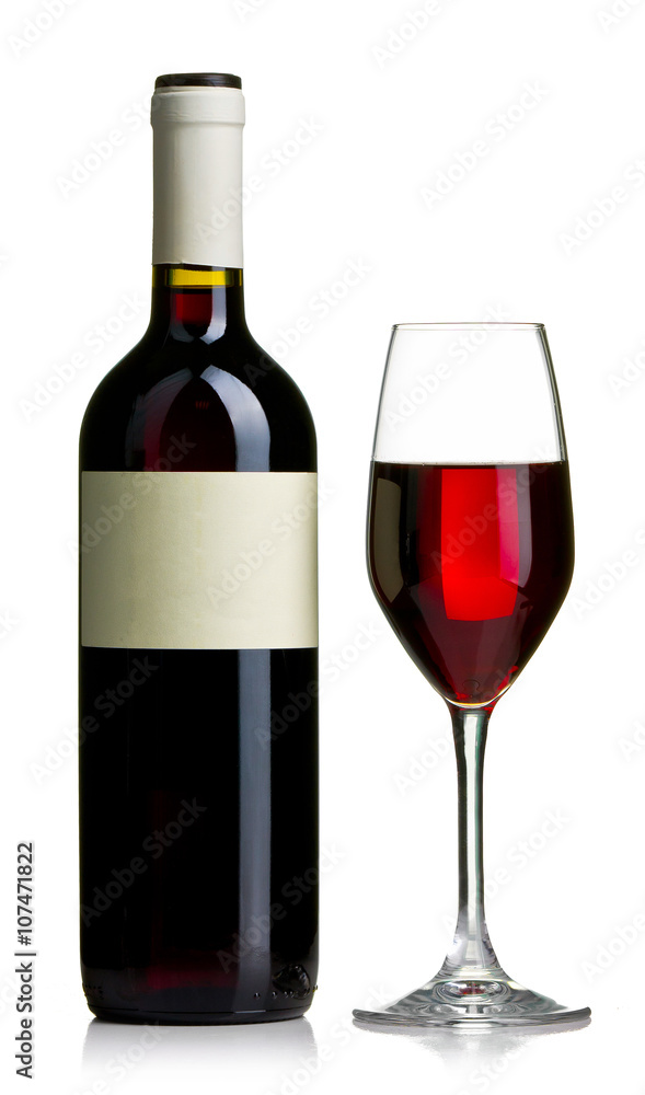 Red wine bottle with empty labels and the glass filed with red wine isolated Red wine bottle with empty labels and the glass filed with red wine isolated