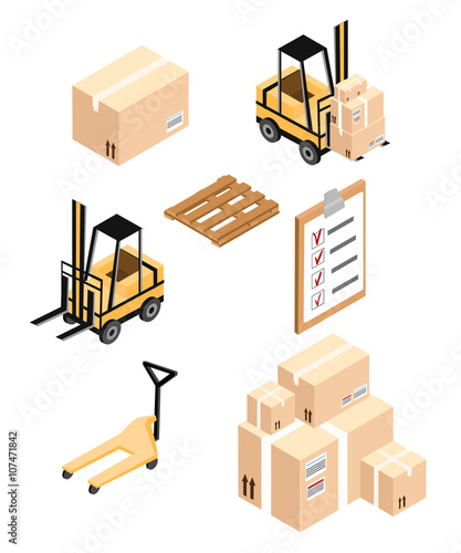 Vector isometric warehouse icon. Warehouse load boxes and barrels to stacks using forklifts.