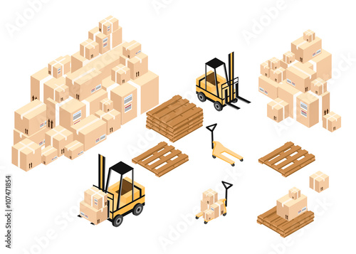 Vector isometric warehouse icon. Warehouse load boxes and barrels to stacks using forklifts.