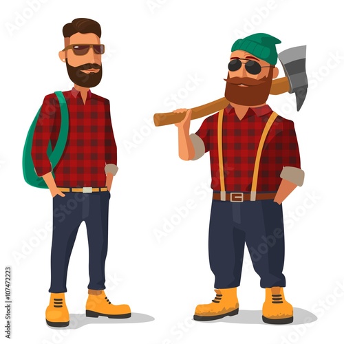 Lumberjack and hipster in the yellow shoes and a red plaid shirt. Vector flat illustration on white background