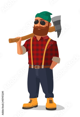 Lumberjack holding an axe over his shoulder.  Yellow shoes and red plaid shirt.