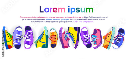 Colorful Sneakers Training Sport Shoes Set Collection Banner With Copy Space